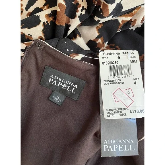 NWT Adrianna Papell Brown Abstract Print Side Ruched Knee Length Dress Sz 4 - Picture 5 of 6
